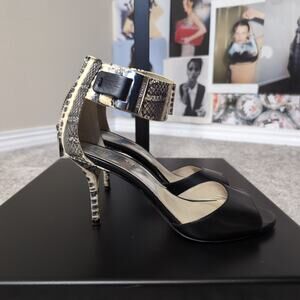 Peep Toe Ankle Strap Heels with Snakeskin Print
